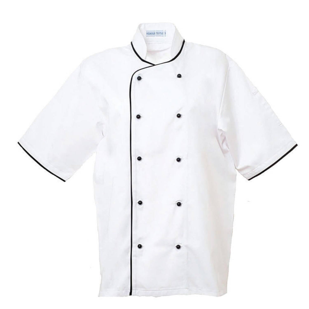 Pegasus Executive White Short Sleeve Chef Jackets with Black Piping