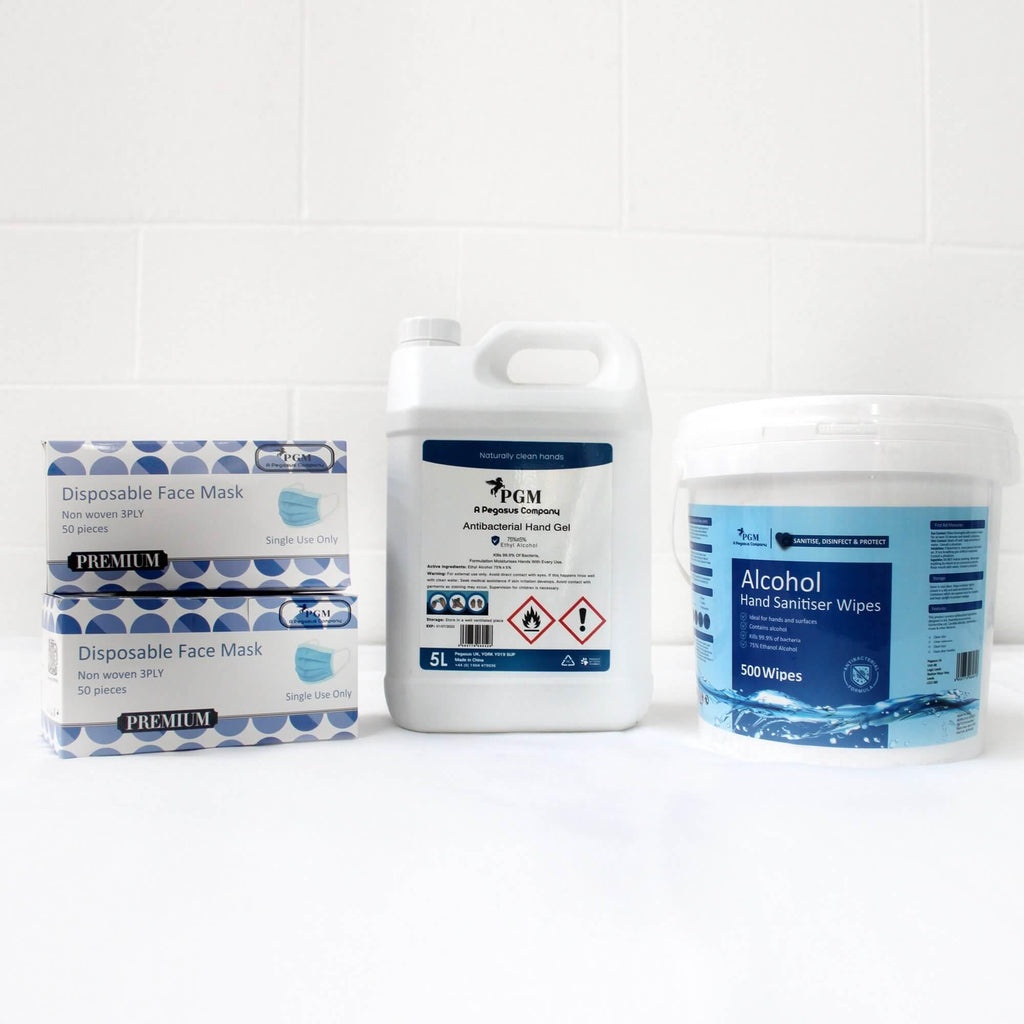 Pegasus Healthcare Business Package consisting of 2 Disposable Masks Box, Pegasus Healthcare Hand Sanitising 5L container and Pegasus Healthcare 500 Sanitising Wipes